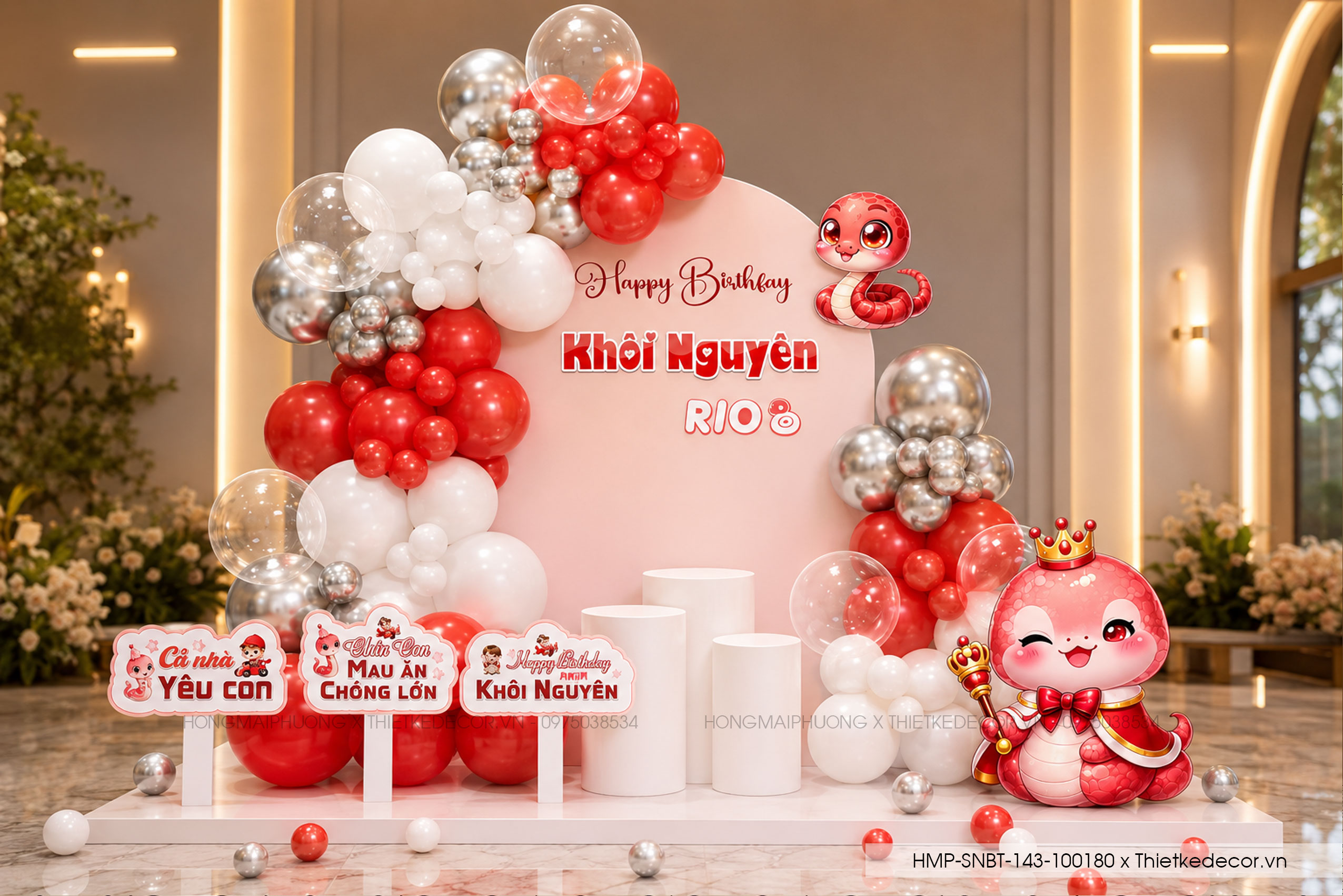 File thiết kế decor trang trí tiệc sinh nhật bé trai tuổi Rắn - Tỵ mix bong bóng cute dễ thương đáng yêu tone đỏ